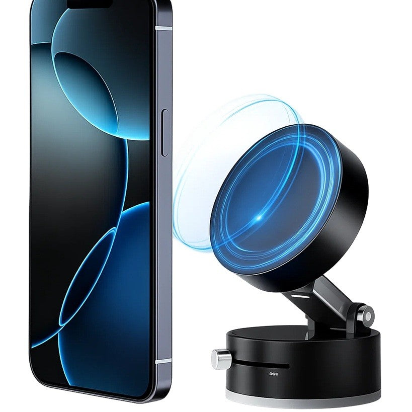Suport Auto Magnetic Pentru Telefon, Fixare Prin Vid Cu Ventuza, Pliabil Si Retractabil, Rotatie 360 Grade, ABS, Negru