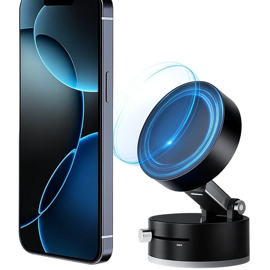 Suport Auto Magnetic Pentru Telefon, Fixare Prin Vid Cu Ventuza, Pliabil Si Retractabil, Rotatie 360 Grade, ABS, Negru