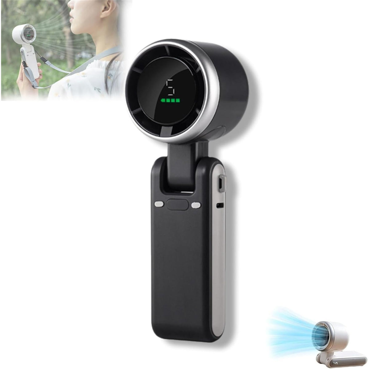 Mini Ventilator Portabil, Afișaj Digital HD și 5 Trepte de Viteză, Unghi Reglabil 180 Grade, Plastic Rezistent, Incarcare USB Type-C, 5.95 x 5.2 x 17.2 cm, Negru