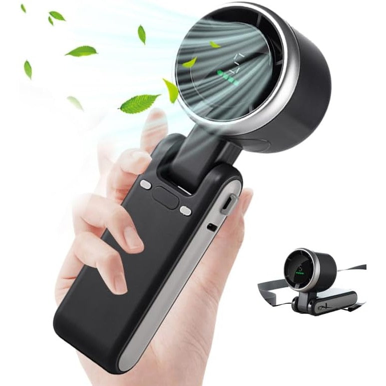 Mini Ventilator Portabil, Afișaj Digital HD și 5 Trepte de Viteză, Unghi Reglabil 180 Grade, Plastic Rezistent, Incarcare USB Type-C, 5.95 x 5.2 x 17.2 cm, Negru