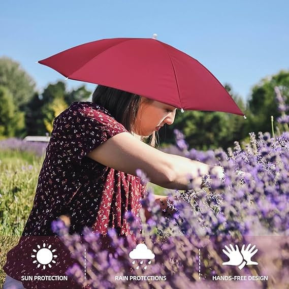Umbrela de Cap pentru Pescuit si Activitati Outdoor, Protectie UV si Ploaie, Fixare Banda Elastica, Otel si Vinil, 69 cm, Rosu Inchis