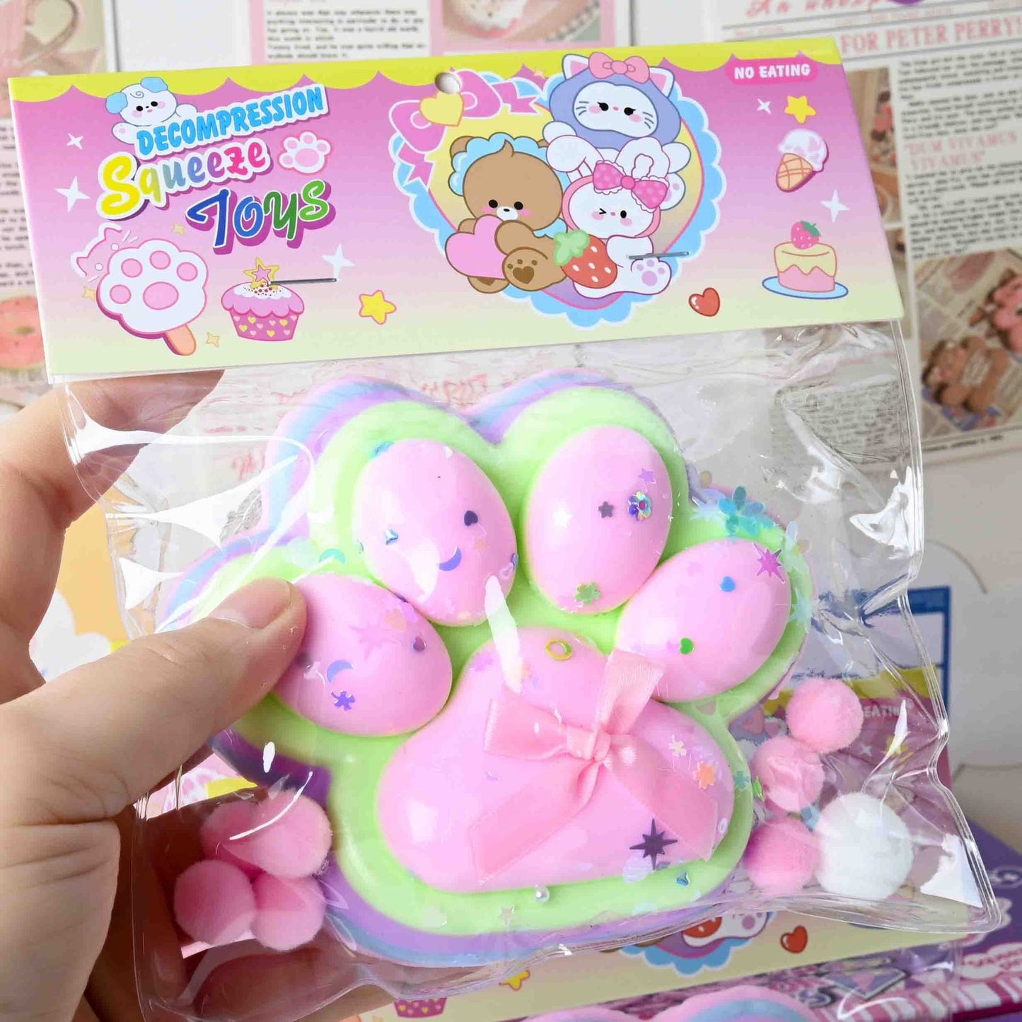Jucarie Antistres Squishy, Model Labuta de Pisica, Revenire Lenta Slow Rising, Material Elastic Moale, Squeeze Pinch Family, 12.5 x 10.5 cm, 220g, Roz-Curcubeu