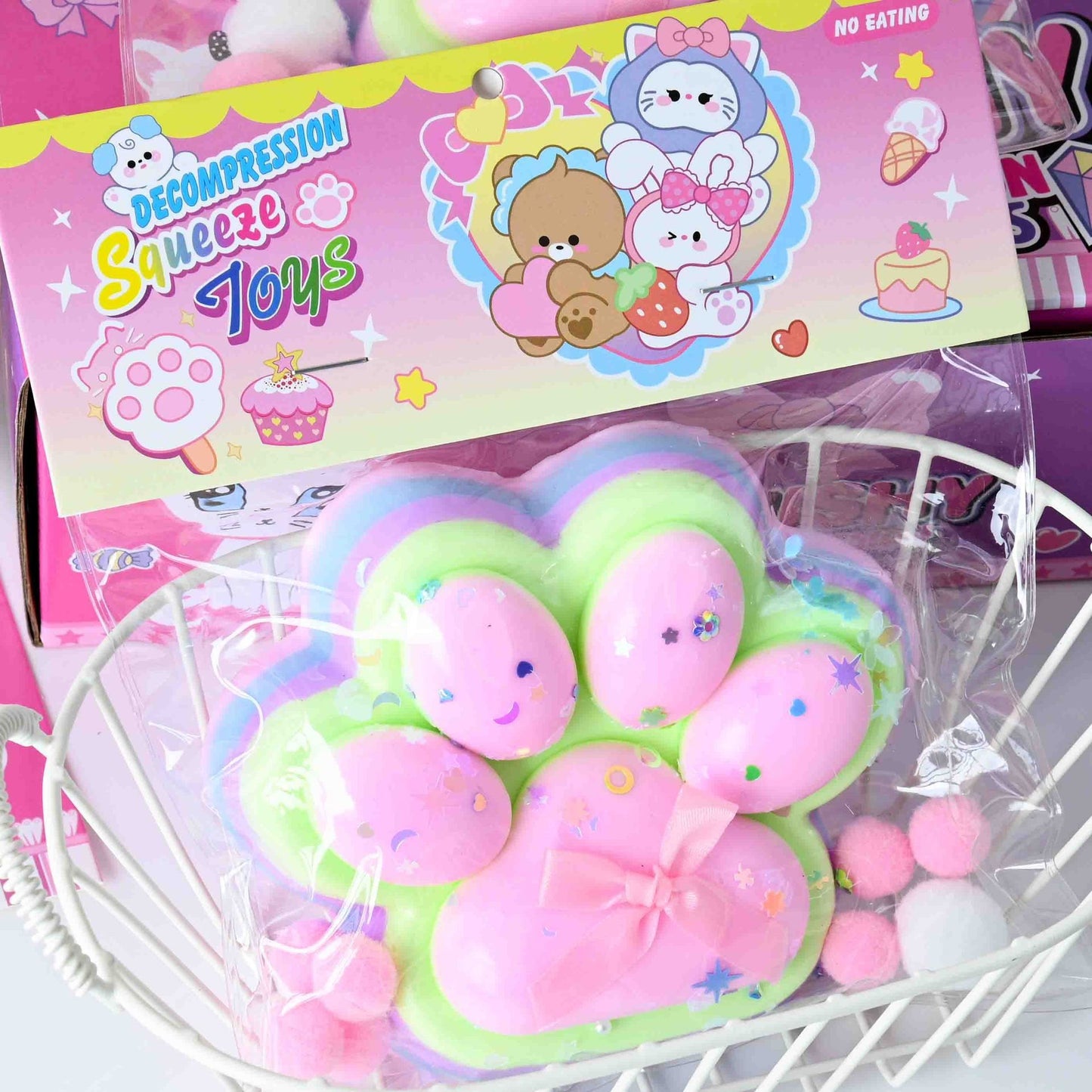 Jucarie Antistres Squishy, Model Labuta de Pisica, Revenire Lenta Slow Rising, Material Elastic Moale, Squeeze Pinch Family, 12.5 x 10.5 cm, 220g, Roz-Curcubeu
