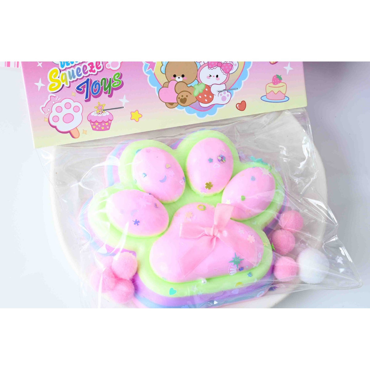 Jucarie Antistres Squishy, Model Labuta de Pisica, Revenire Lenta Slow Rising, Material Elastic Moale, Squeeze Pinch Family, 12.5 x 10.5 cm, 220g, Roz-Curcubeu