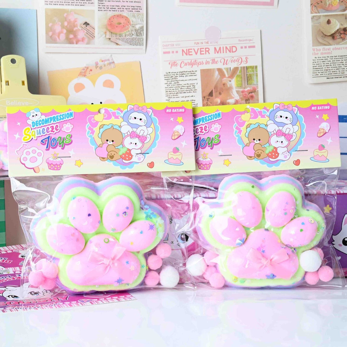 Jucarie Antistres Squishy, Model Labuta de Pisica, Revenire Lenta Slow Rising, Material Elastic Moale, Squeeze Pinch Family, 12.5 x 10.5 cm, 220g, Roz-Curcubeu