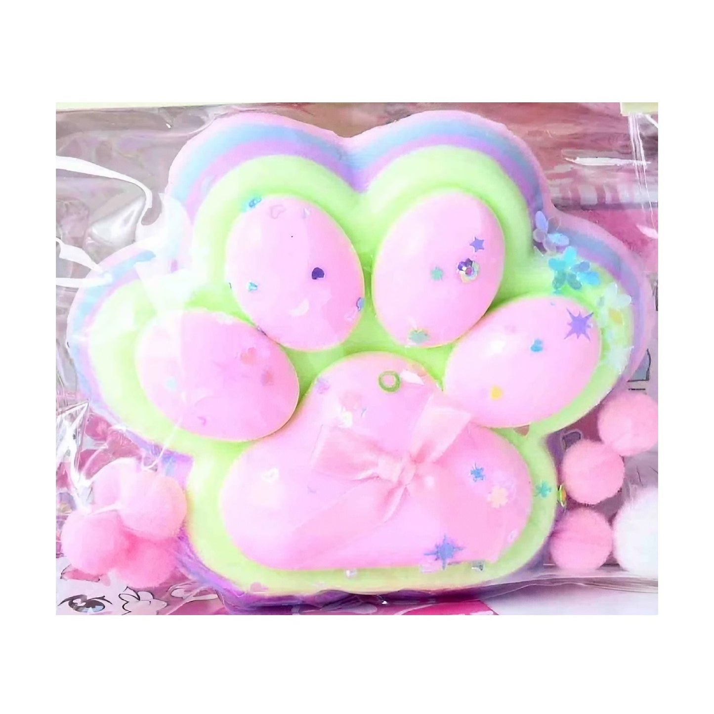 Jucarie Antistres Squishy, Model Labuta de Pisica, Revenire Lenta Slow Rising, Material Elastic Moale, Squeeze Pinch Family, 12.5 x 10.5 cm, 220g, Roz-Curcubeu