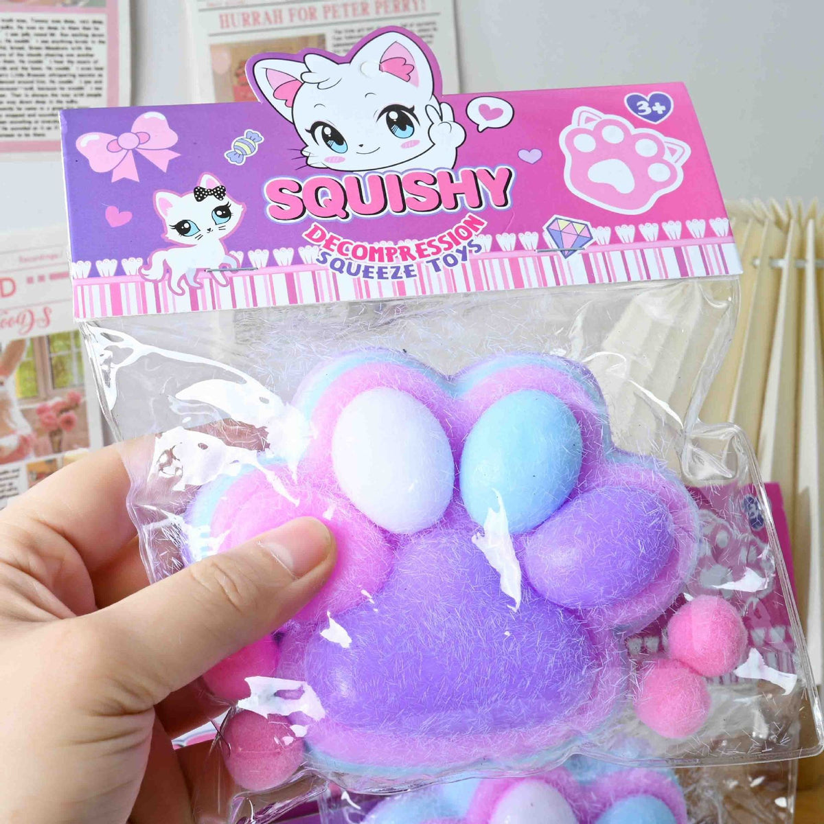 Jucarie Antistres Squishy Labuta de Pisica, Revenire Lenta, Material Moale Tip Squeeze Pinch, 220g, 12.5 x 10.5 cm, Mov