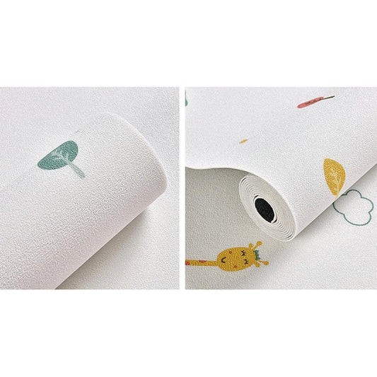 Tapet Autoadeziv Rola pentru Perete, Panou Decorativ Izolant Termic si Fonic, Spuma XPE si Panza, Model Girafa si Elefant, 10 m x 50 cm, Grosime 2.5 mm, Multicolor