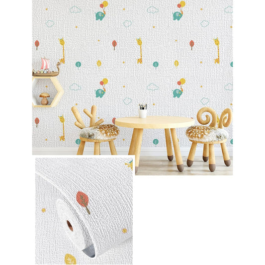 Tapet Autoadeziv Rola pentru Perete, Panou Decorativ Izolant Termic si Fonic, Spuma XPE si Panza, Model Girafa si Elefant, 10 m x 50 cm, Grosime 2.5 mm, Multicolor