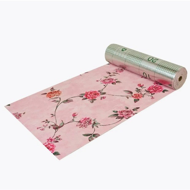 Rola Tapet Autoadeziv pentru Perete, Izolare Termica si Fonica, Material Panza si Spuma XPE, Rezistenta la Umezeala, Model Trandafiri, 10 m x 50 cm, Grosime 2.5 mm, Roz