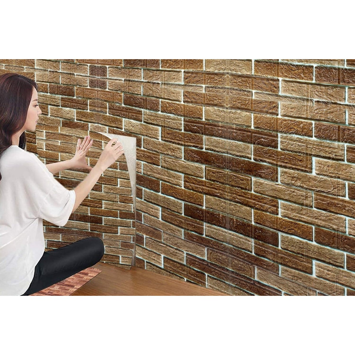 Tapet 3D Autoadeziv, Model Caramida, Set 10 Placi Impermeabile, Izolant Fonic si Termic, PVC, 70 x 77 cm, Grosime 2.5 mm, Suprafata 5.3 mp, Maro