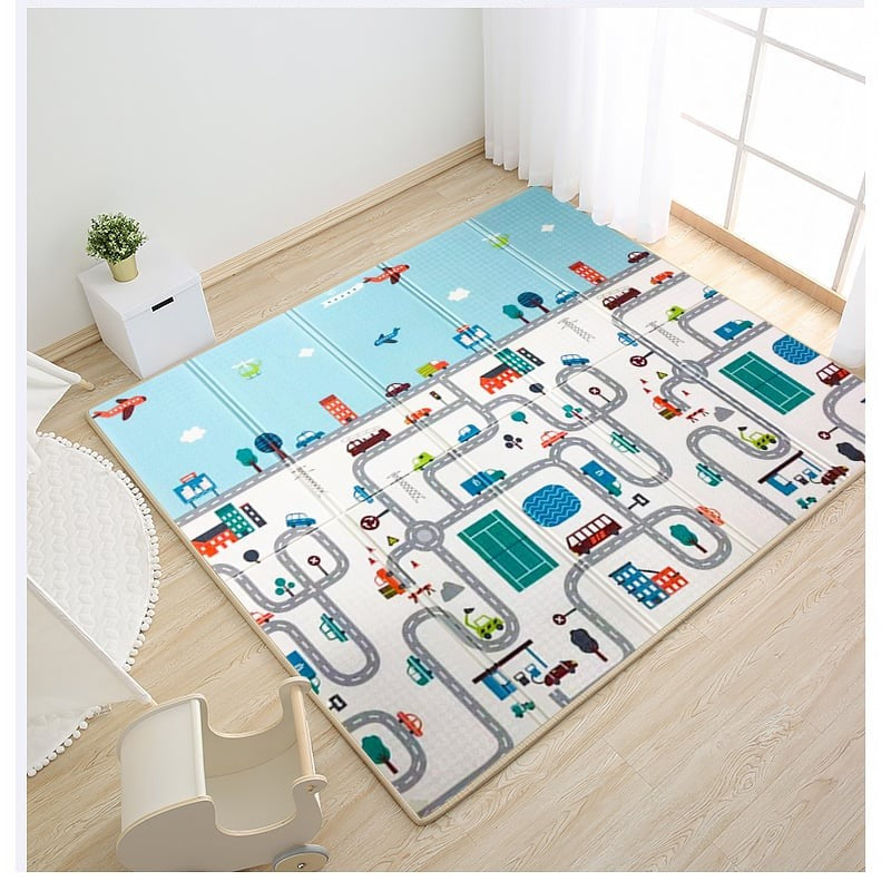 Covoraș de Joacă pentru Copii și Bebeluși, Pliabil cu 2 Fețe, Impermeabil și Antiderapant, Protecție Termică XPE, Model Trafic și Girafe, 180 x 200 x 1 cm, Multicolor