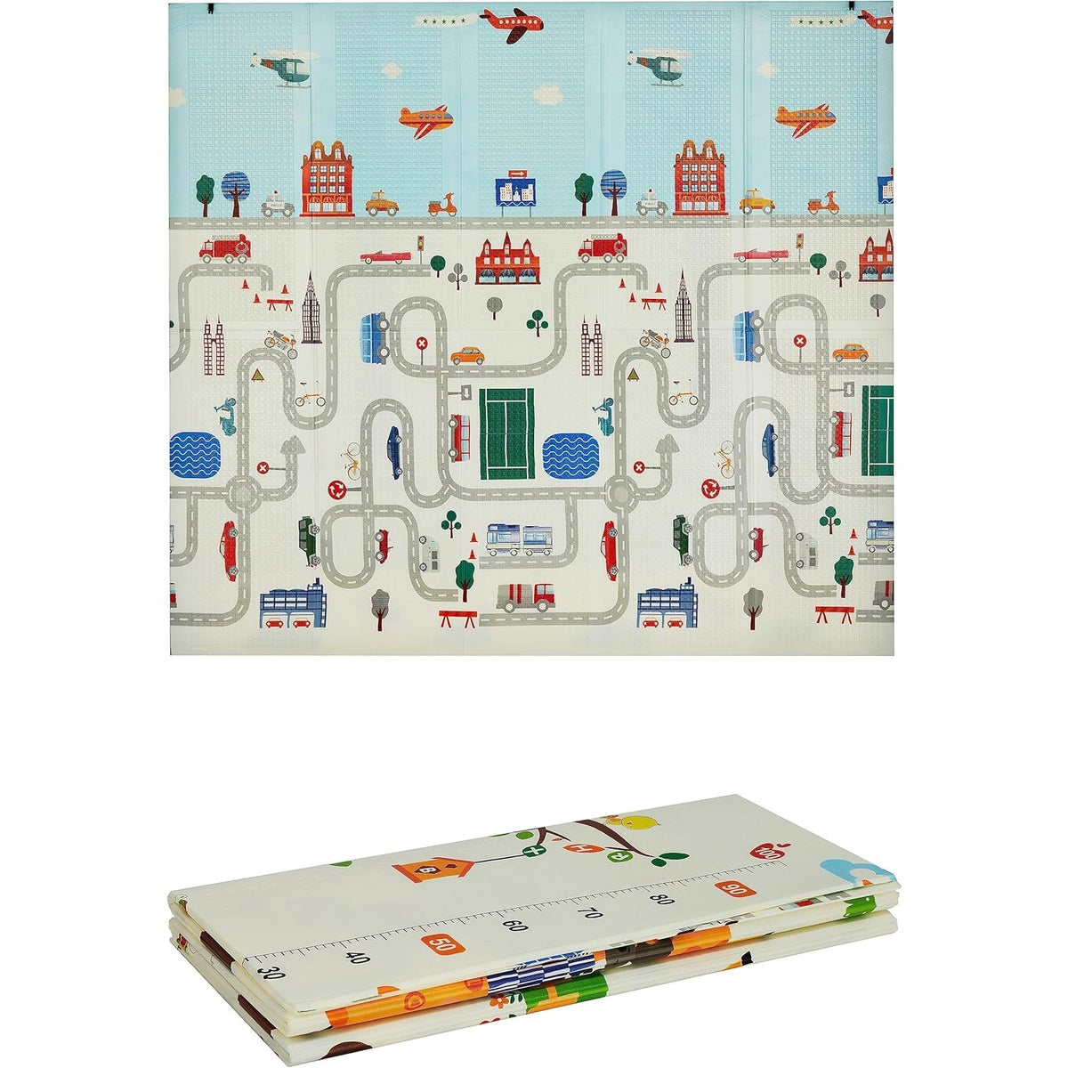 Covoraș de Joacă pentru Copii și Bebeluși, Pliabil cu 2 Fețe, Impermeabil și Antiderapant, Protecție Termică XPE, Model Trafic și Girafe, 180 x 200 x 1 cm, Multicolor