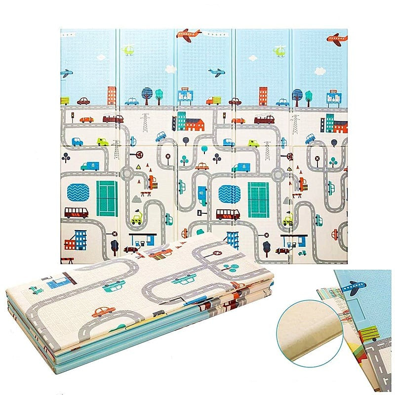 Covoraș de Joacă pentru Copii și Bebeluși, Pliabil cu 2 Fețe, Impermeabil și Antiderapant, Protecție Termică XPE, Model Trafic și Girafe, 180 x 200 x 1 cm, Multicolor