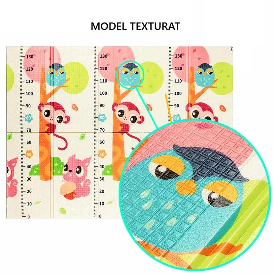 Covoraș de Joacă pentru Copii și Bebelusi, Pliabil cu 2 Fețe, Impermeabil și Antiderapant, Protecție Termică XPE, Model Maimuțe și Indieni, 200 x 150 x 1 cm, Multicolor