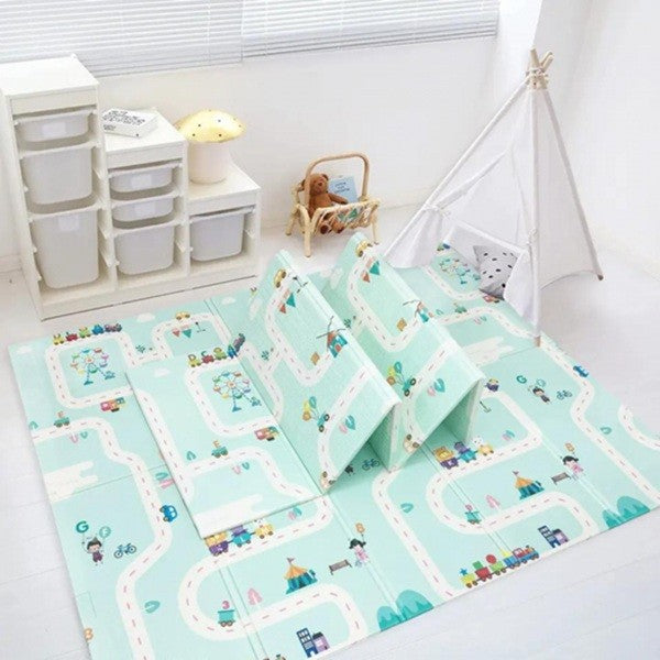 Covoras de Joaca pentru Copii si Bebelusi, Pliabil cu 2 Fete Drum si Safari, Termoizolant, Impermeabil si Antiderapant, Material XPE si PE, 150 x 200 x 1 cm, Multicolor