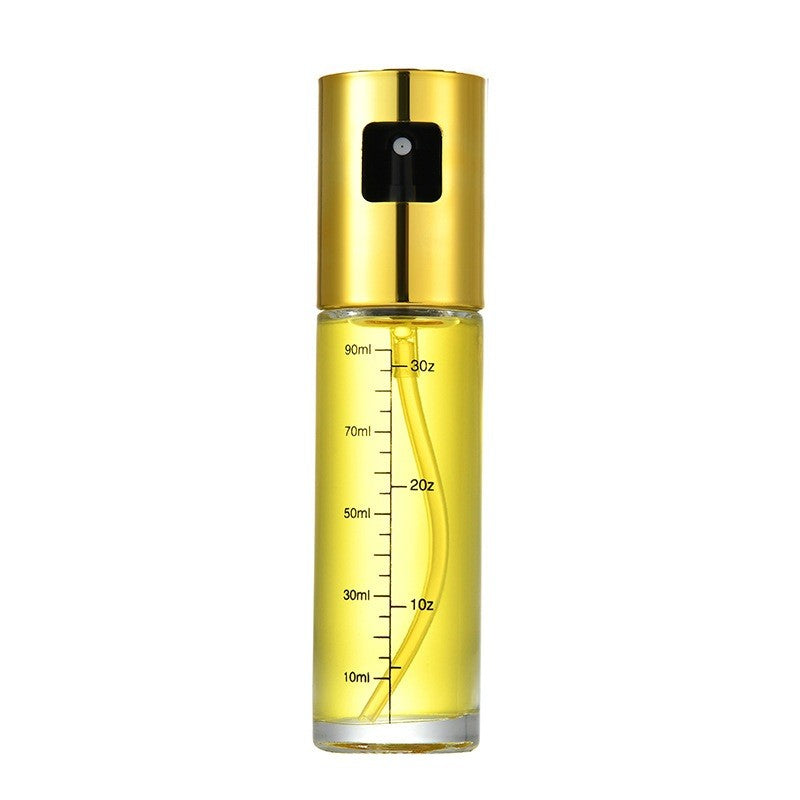 Pulverizator Ulei si Otet, Dozator Reincarcabil pentru Gatit Sanatos, Recipient din Sticla si Inox, Capac Auriu, 100 ml, 18.3 x 4.3 cm