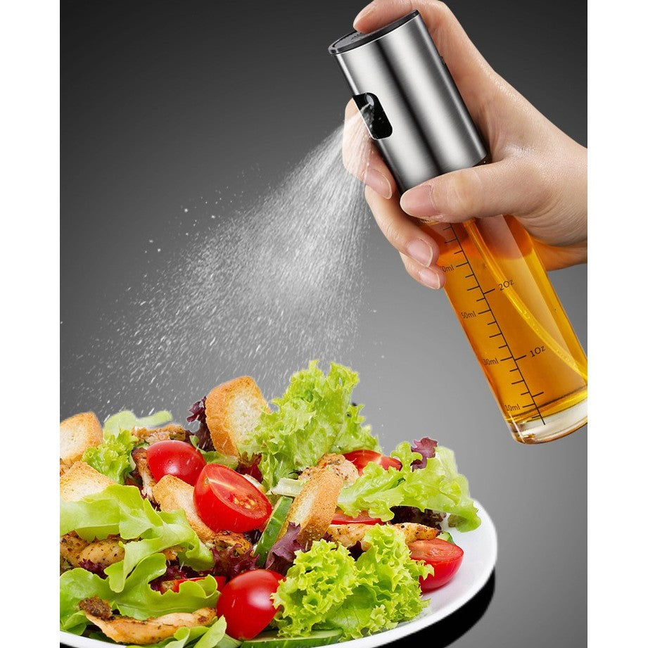 Pulverizator Ulei si Otet, Dozator Reincarcabil pentru Gatit Sanatos, Recipient din Sticla si Inox, Capac Auriu, 100 ml, 18.3 x 4.3 cm