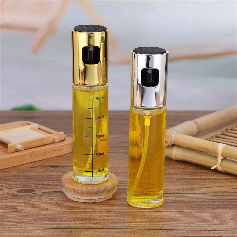 Pulverizator Ulei si Otet, Dozator Reincarcabil pentru Gatit Sanatos, Recipient din Sticla si Inox, Capac Auriu, 100 ml, 18.3 x 4.3 cm