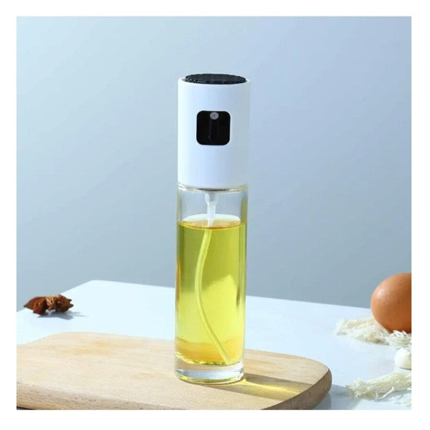Pulverizator Ulei si Otet, Dozator Reincarcabil pentru Gatit si Salate, Recipient din Sticla cu Masura, Capac Mat, 100 ml, 18.3 x 4.3 cm, Alb