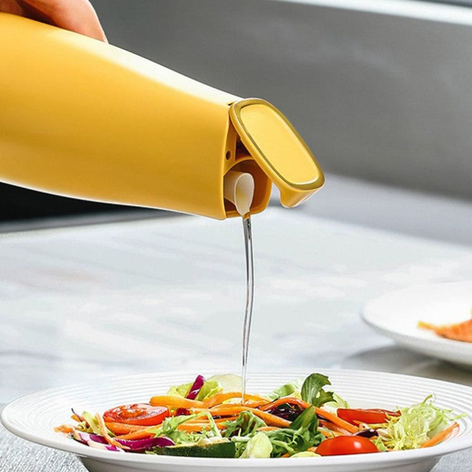 Sticla de Ulei cu Deschidere Automata, Dispenser pentru Lichide de Bucatarie, Recipient din Sticla si Plastic, 550 ml, Galbena