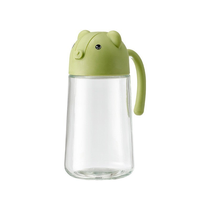 Recipient Ulei si Lichide de Bucatarie, Dozator cu Inchidere si Deschidere Automata, Model Ursulet, Sticla Rezistenta, 630 ml, Verde
