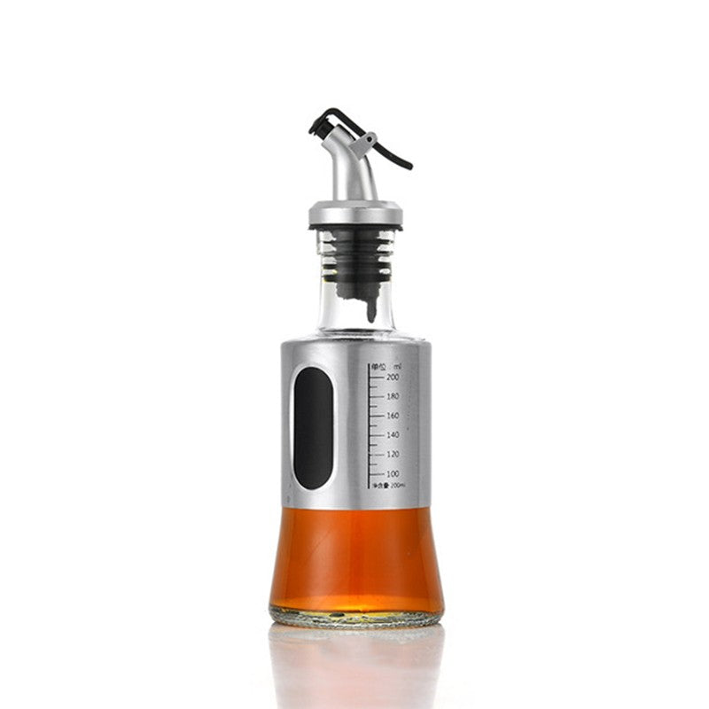 Sticla de Ulei si Otet, Recipient pentru Lichide de Bucatarie, Dozator cu Capac Inox Anti-Picurare si Gradatie, Sticla si Otel Inoxidabil, 200 ml, 19 x 6.5 cm, Gri Transparent