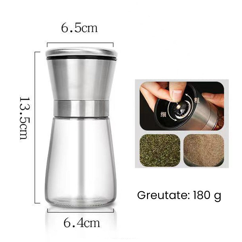 Rasnita Manuala pentru Piper, Sare si Cafea, Mecanism de Macinare Reglabil, Corp din Sticla cu Capac din Otel Inoxidabil, 180 ml, 13.5 x 6.5 cm, Transparenta