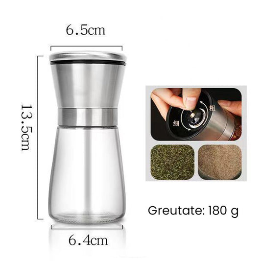 Rasnita Manuala pentru Piper, Sare si Cafea, Mecanism de Macinare Reglabil, Corp din Sticla cu Capac din Otel Inoxidabil, 180 ml, 13.5 x 6.5 cm, Transparenta