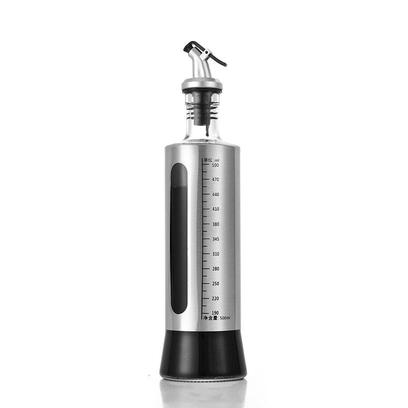 Sticla Ulei si Otet cu Dozator, Recipient Lichide Gatit cu Capac din Otel Inoxidabil si Sistem Anti-Picurare, Sticla Gradata cu Design Modern, 500 ml, 28.5 x 7.5 cm, Gri Transparent