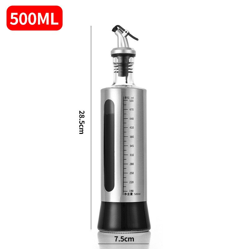 Sticla Ulei si Otet cu Dozator, Recipient Lichide Gatit cu Capac din Otel Inoxidabil si Sistem Anti-Picurare, Sticla Gradata cu Design Modern, 500 ml, 28.5 x 7.5 cm, Gri Transparent