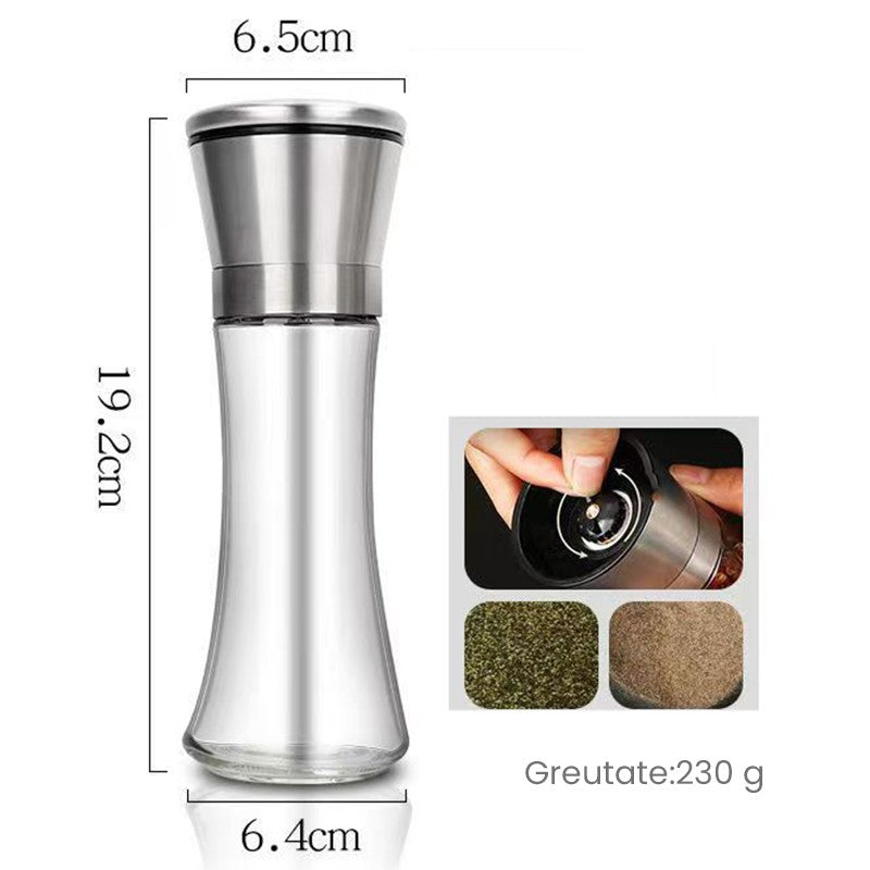 Rasnita Manuala pentru Piper, Sare si Cafea, Mecanism de Macinare Reglabil, Sticla si Otel Inoxidabil, 19.5 x 6.4 cm, Volum 200 ml, Argintiu Transparent