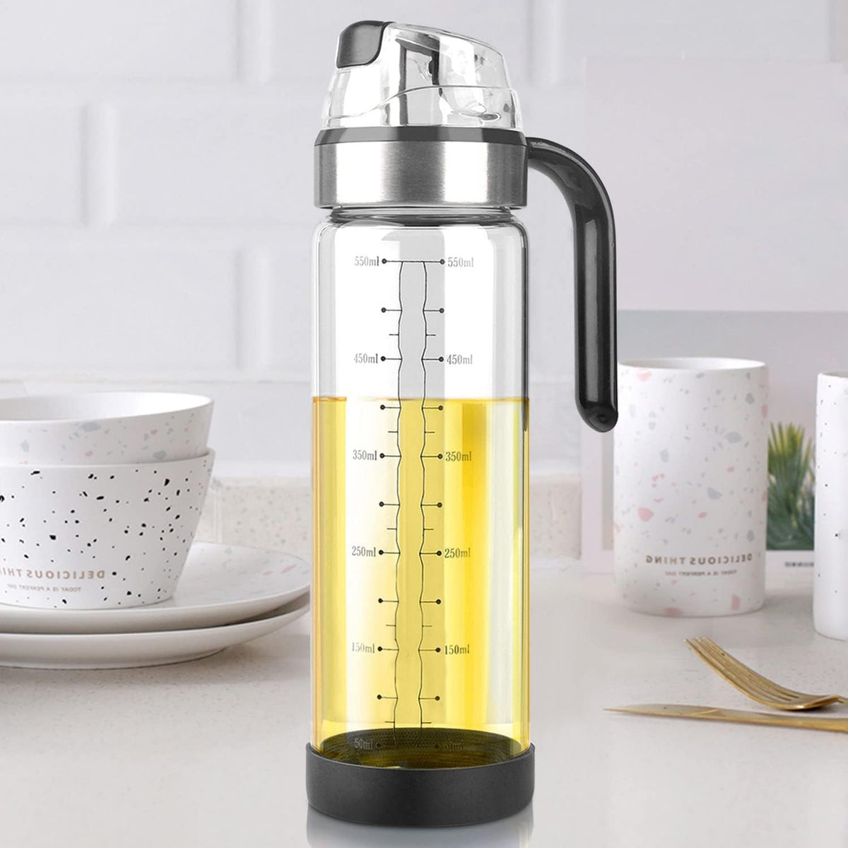 Dispenser Ulei și Oțet cu Închidere Etanșă, Sticlă pentru Sos de Soia, Capac cu Auto-Deschidere, Sticlă Borosilicată, 500 ml, Transparent