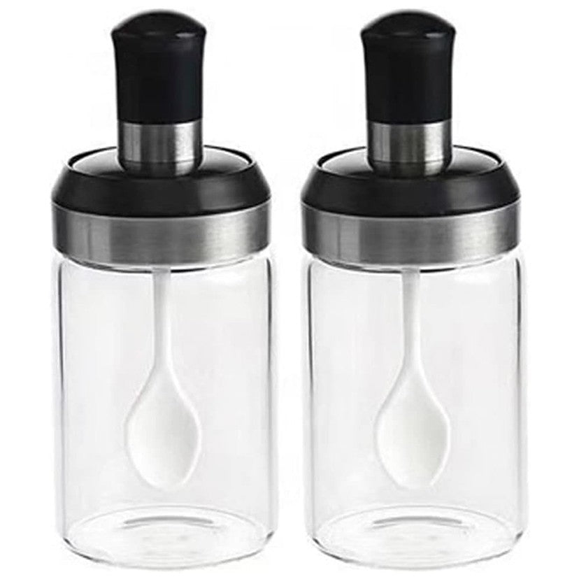 Set 4 Recipiente pentru Bucatarie, 2 Sticle Ulei si Otet cu Dozator 500 ml, 2 Borcane Condimente cu Capac si Lingurita 120 ml, Sticla Transparenta, 4 Piese