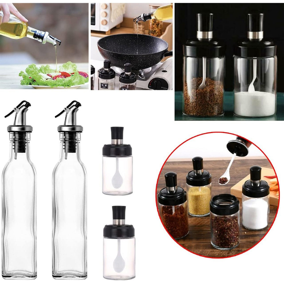 Set 4 Recipiente pentru Bucatarie, 2 Sticle Ulei si Otet cu Dozator 500 ml, 2 Borcane Condimente cu Capac si Lingurita 120 ml, Sticla Transparenta, 4 Piese