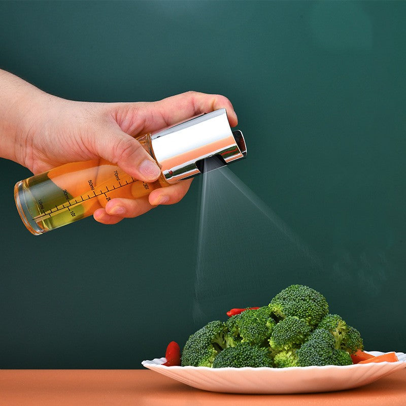 Pulverizator Ulei si Otet pentru Gatit, Spray pentru Gratar cu Gradatii, Recipient din Sticla si Inox, 18 x 4.2 cm, 100 ml, Transparent cu Argintiu