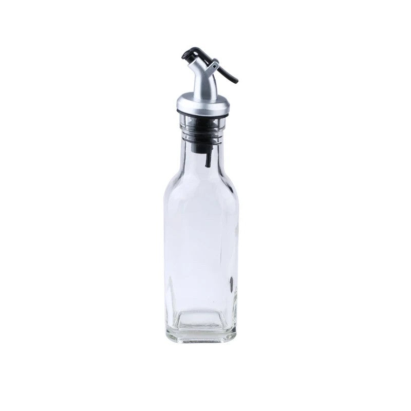 Sticla pentru Ulei si Otet, Dozator cu Capac din Inox si Sistem Anti-Picurare, Recipient pentru Sosuri sau Vin, Sticla Transparenta, 150 ml, 19.5 x 4.8 cm