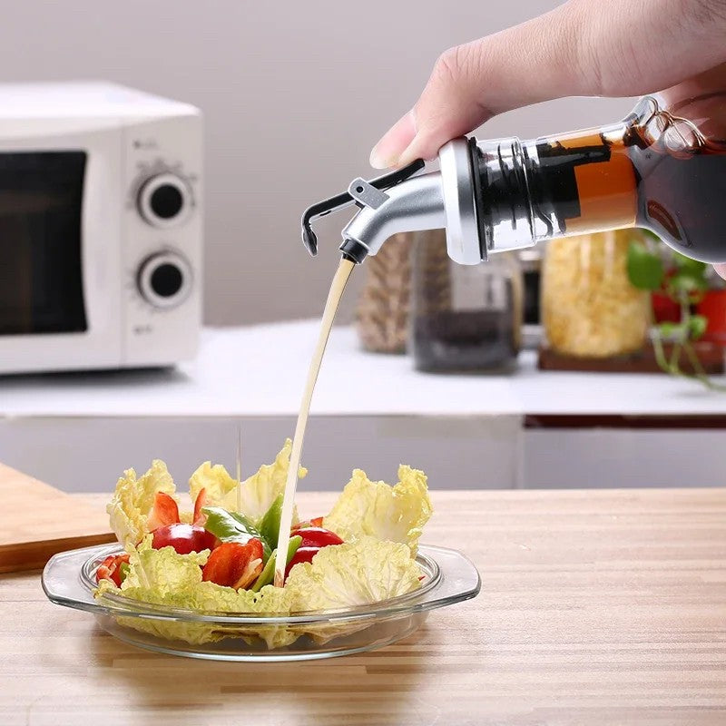 Sticla Ulei si Otet, Recipient pentru Lichide de Bucatarie, Capac Dozator Inox cu Sistem Anti-Picurare, Sticla Transparenta, 500 ml, 30 x 6 cm