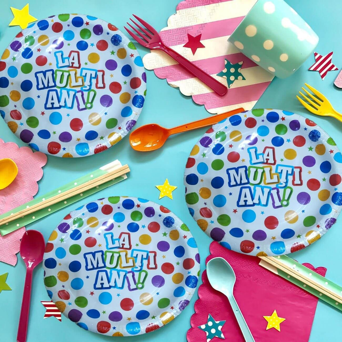 Set Farfurii de Unica Folosinta Aniversare, Mesaj La Multi Ani si Buline, Carton Laminat, Multicolor, 30 cm, 6 Bucati