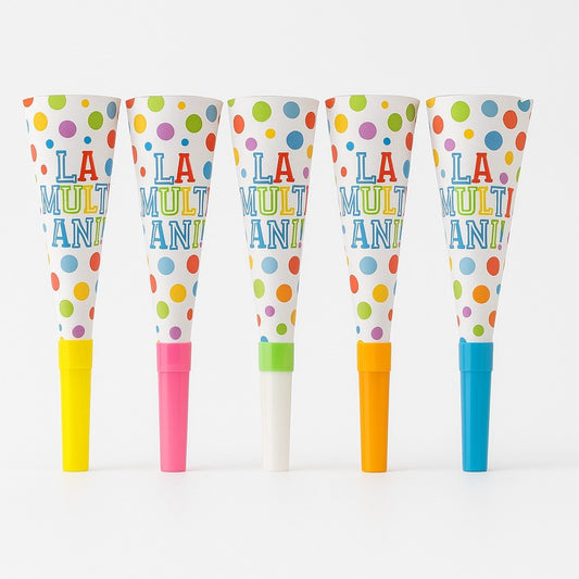 Set 6 Suflatori De Petrecere, Colectia La Multi Ani Cu Buline, Carton, Plastic Si Hartie, 20 cm, Multicolor