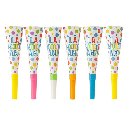Set 6 Suflatori De Petrecere, Colectia La Multi Ani Cu Buline, Carton, Plastic Si Hartie, 20 cm, Multicolor