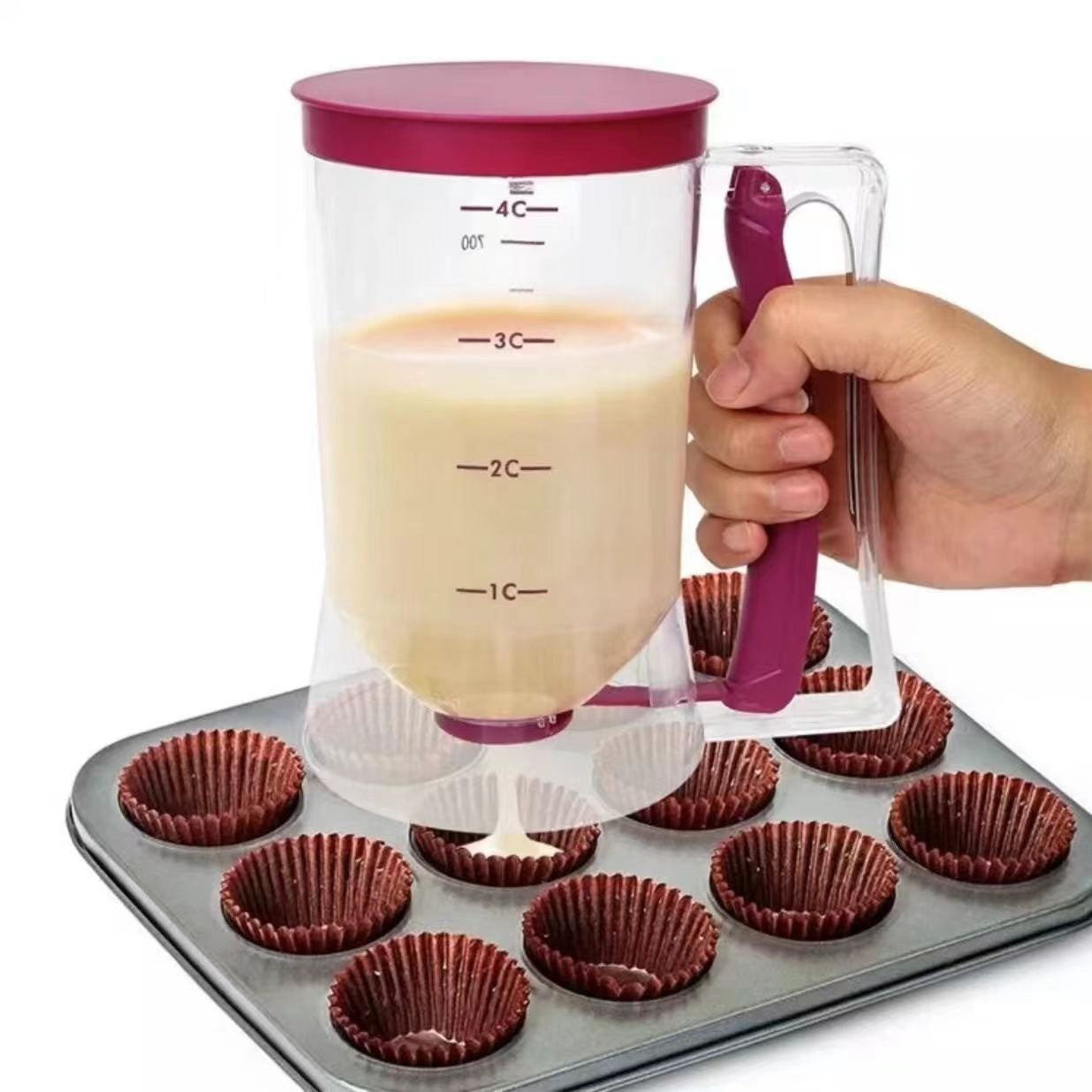 Dispenser Aluat pentru Clătite și Brioșe, Dozator cu Mâner Ergonomic și Arc, Plastic Alimentar PP, 900 ml, 18.5 x 11 cm, Roșu