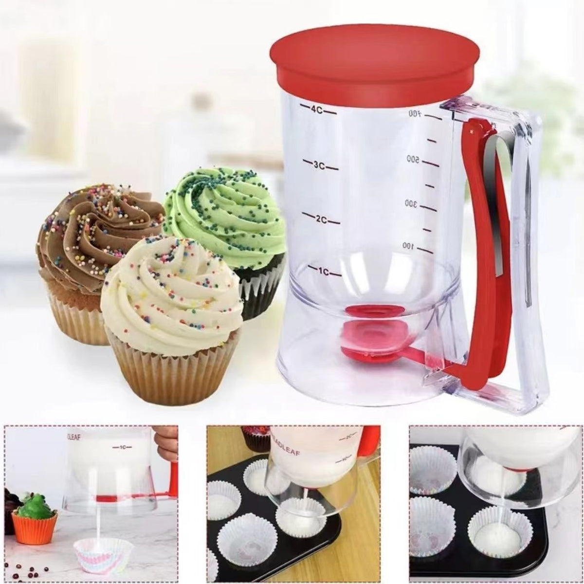 Dispenser Aluat pentru Clătite și Brioșe, Dozator cu Mâner Ergonomic și Arc, Plastic Alimentar PP, 900 ml, 18.5 x 11 cm, Roșu