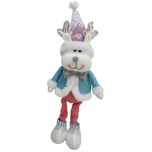Figurina Decorativa Ren de Craciun cu Palarie Festiva si Coarne Argintii, Decoratiune de Interior din Material Textil, 52 x 17 x 8 cm, Multicolor