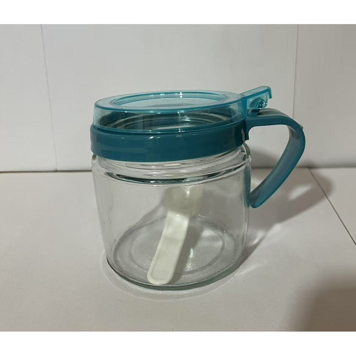 Recipient Condimente cu Lingurita si Maner, Borcan Depozitare Sare si Piper, Sticla, 180 ml, 8 x 9 cm, Albastru