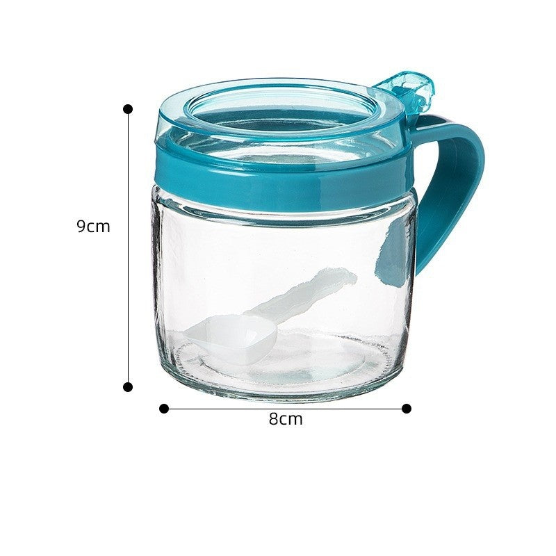 Recipient Condimente cu Lingurita si Maner, Borcan Depozitare Sare si Piper, Sticla, 180 ml, 8 x 9 cm, Albastru