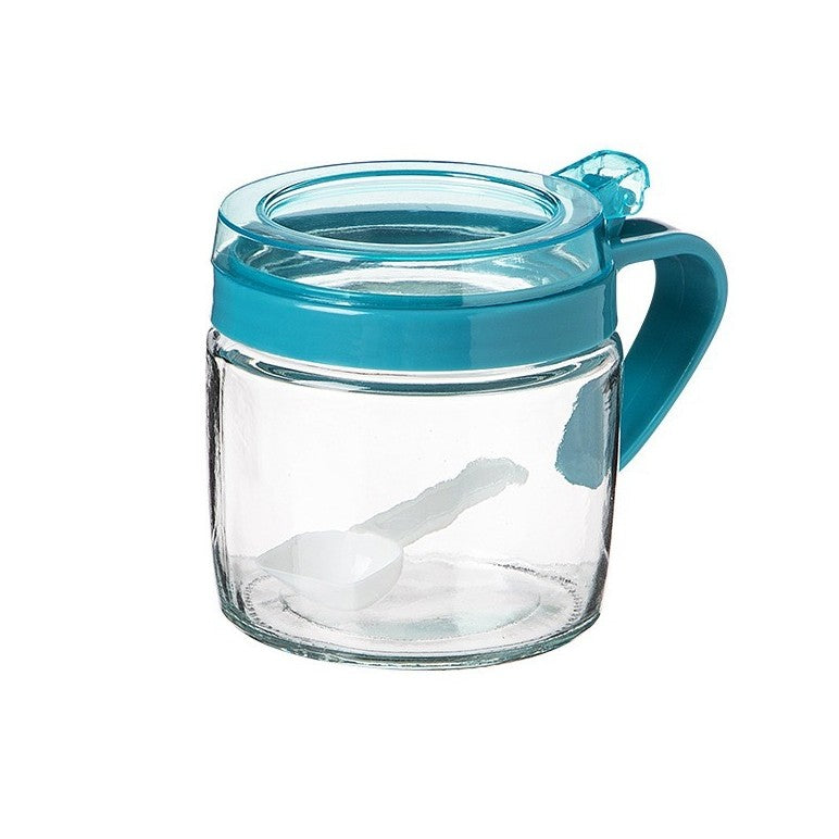 Recipient Condimente cu Lingurita si Maner, Borcan Depozitare Sare si Piper, Sticla, 180 ml, 8 x 9 cm, Albastru