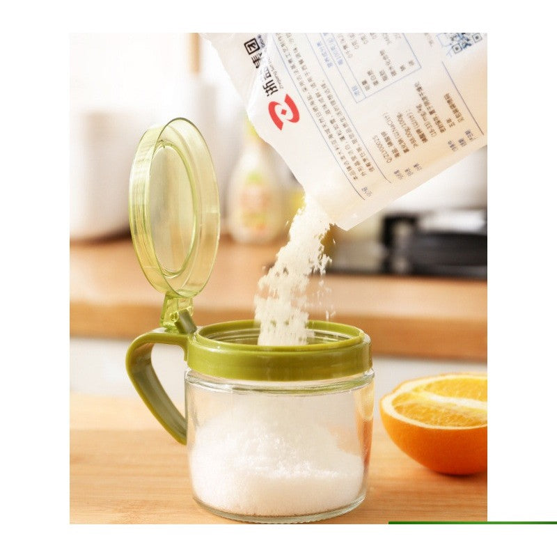 Recipient Condimente cu Linguriță și Mâner, Borcan din Sticlă pentru Sare și Piper, Capac Transparent din Polipropilenă, 180 ml, 8 x 9 cm, Verde