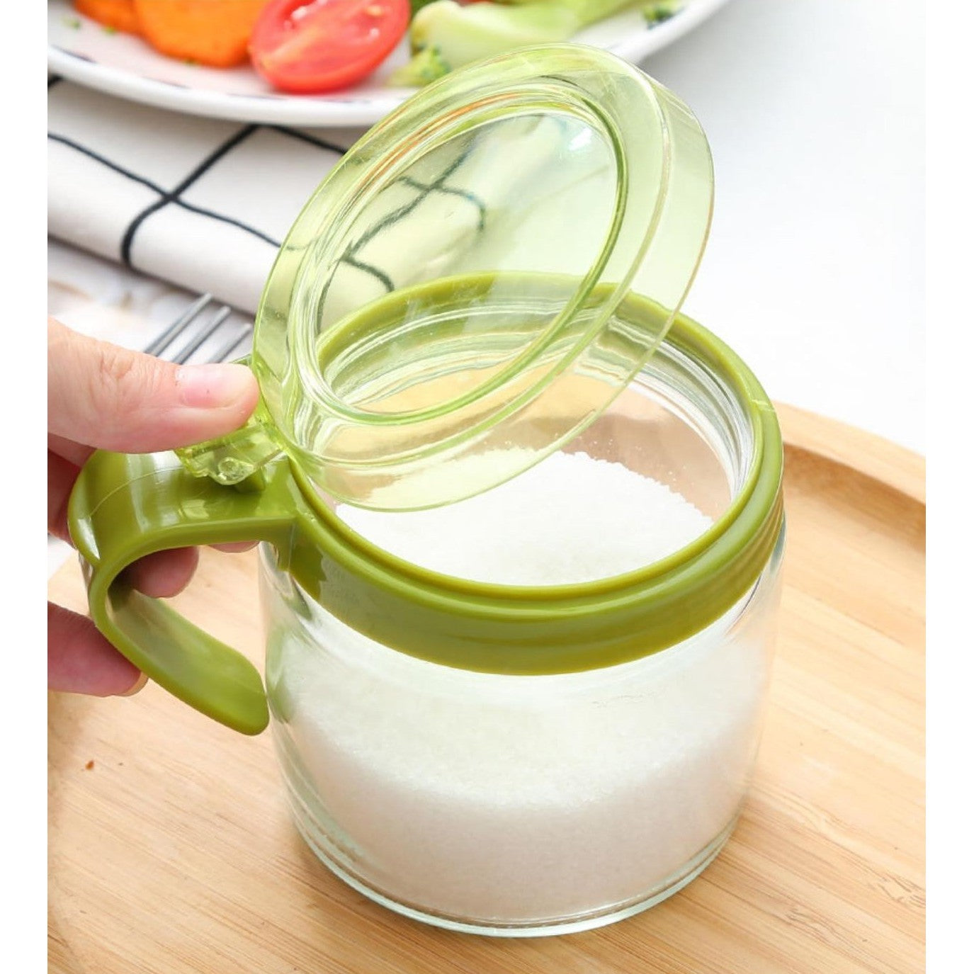 Recipient Condimente cu Linguriță și Mâner, Borcan din Sticlă pentru Sare și Piper, Capac Transparent din Polipropilenă, 180 ml, 8 x 9 cm, Verde