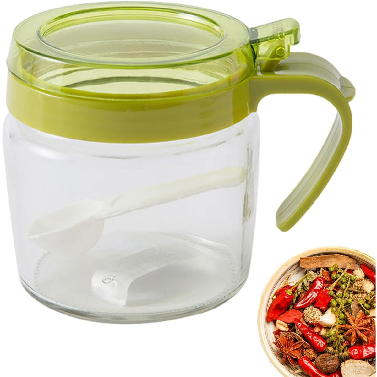 Recipient Condimente cu Linguriță și Mâner, Borcan din Sticlă pentru Sare și Piper, Capac Transparent din Polipropilenă, 180 ml, 8 x 9 cm, Verde